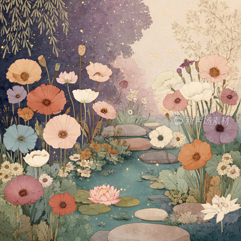 梦幻唯美的花园插画