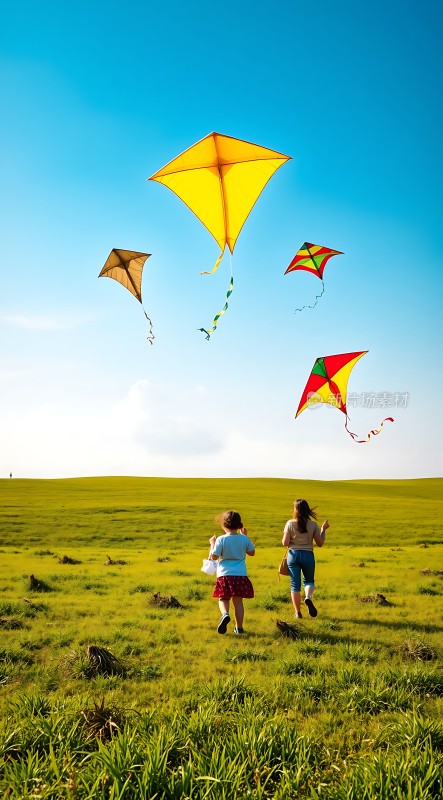 蓝天绿地放风筝儿童欢乐戏彩翼