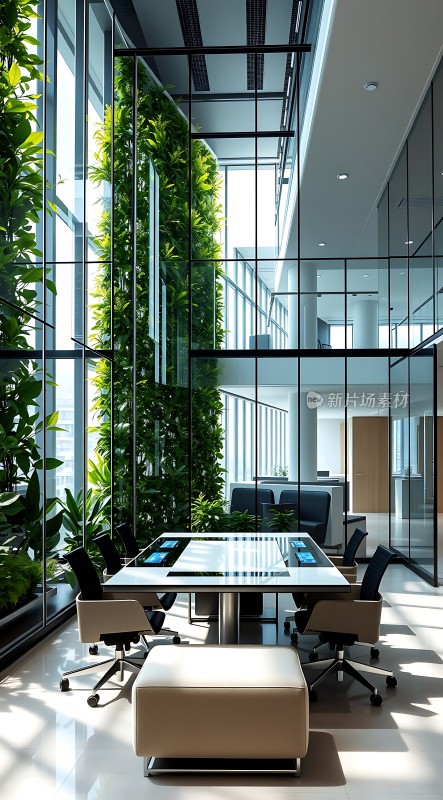 现代办公空间绿意盎然玻璃幕墙设计自然光线充足