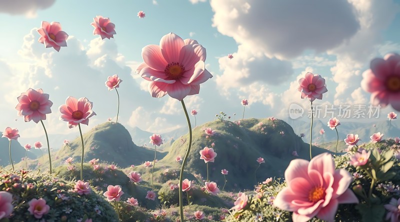 粉色花海蓝天白云下的梦幻世界