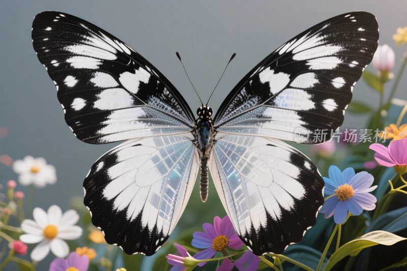 黑白蝴蝶与花丛