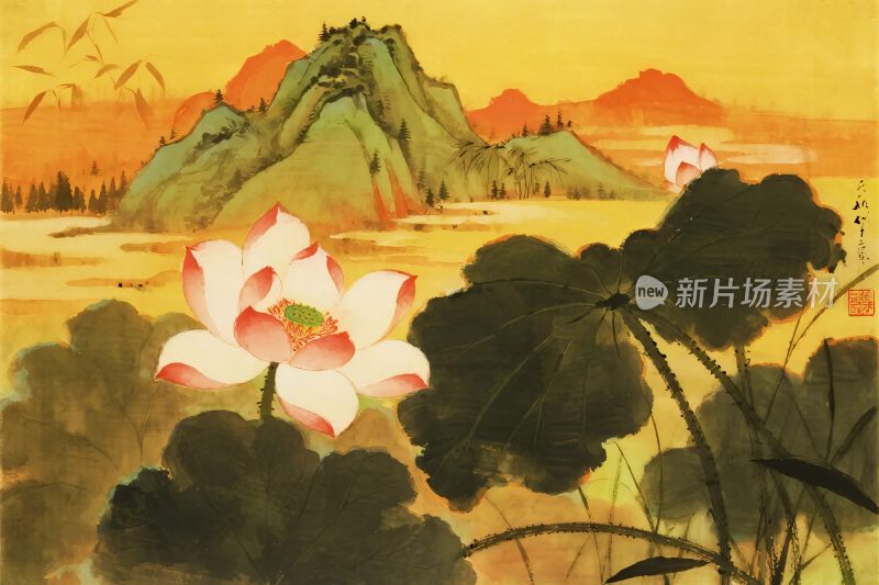 山水荷花水墨画