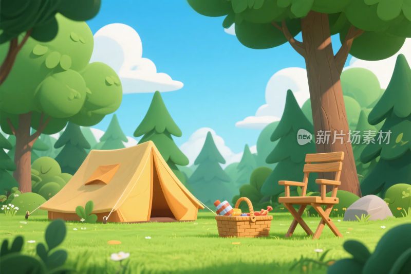 森林中的露营场景插画