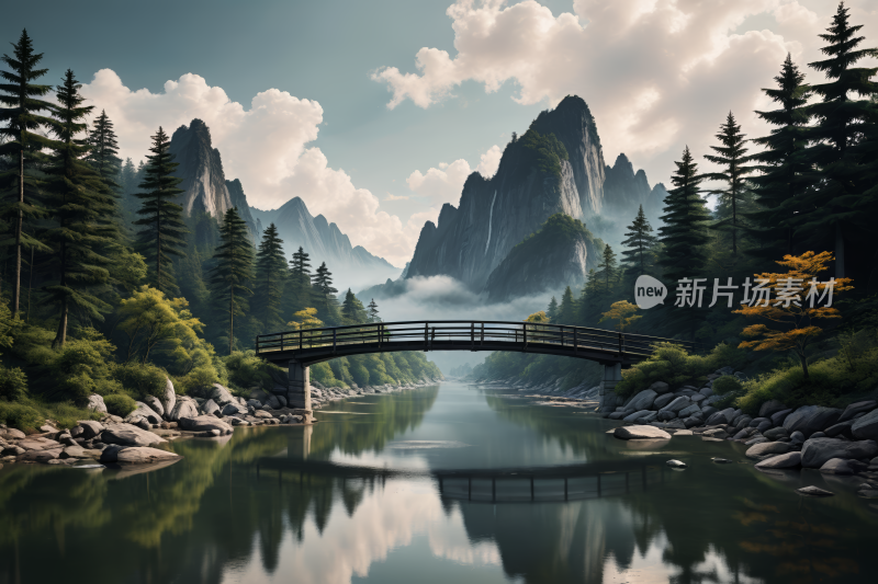 河上一座桥一座高山清风景插画图片