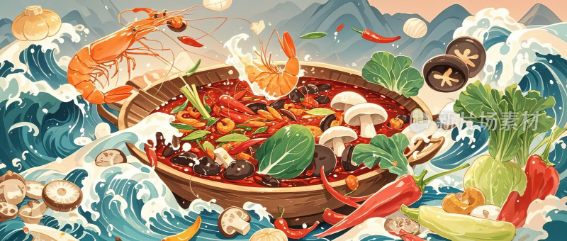 中国风美食创意海鲜手绘插画图