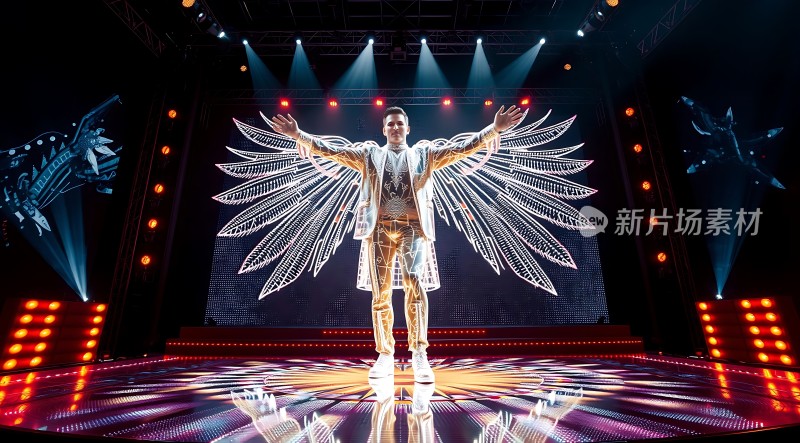 舞台上的炫目灯光与翅膀造型