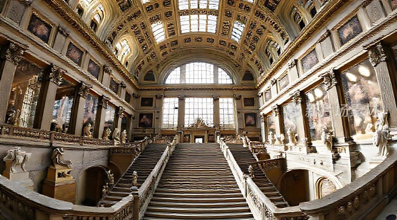 宏伟宫殿内部精美雕像与华丽楼梯尽收眼底