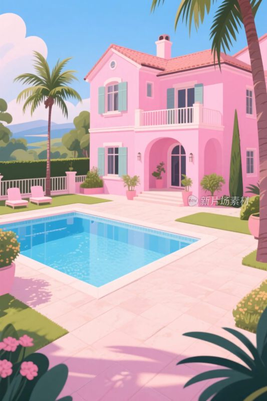 粉色别墅泳池插画