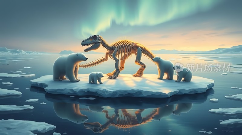 北极熊与恐龙骨架共舞