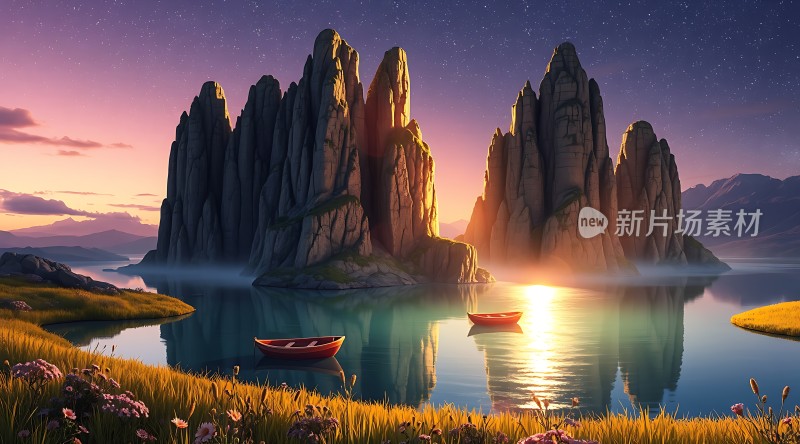 湖畔双舟映日辉群峰倒影入眼帘