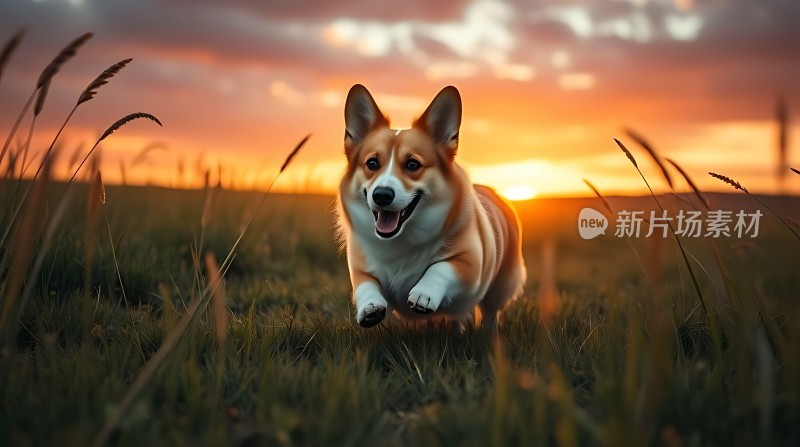 夕阳下快乐奔跑的柯基犬