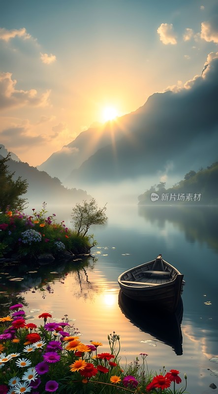 湖畔花语晨光小船