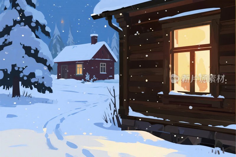 冬日雪景木屋插画