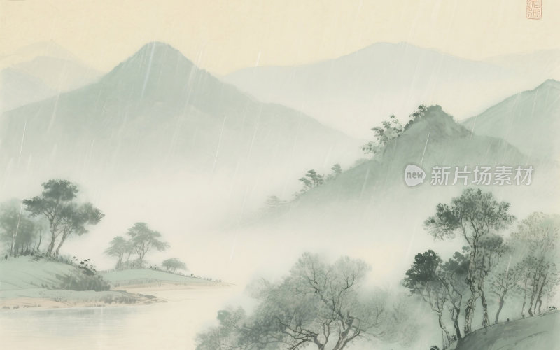 谷雨中国风山水插画