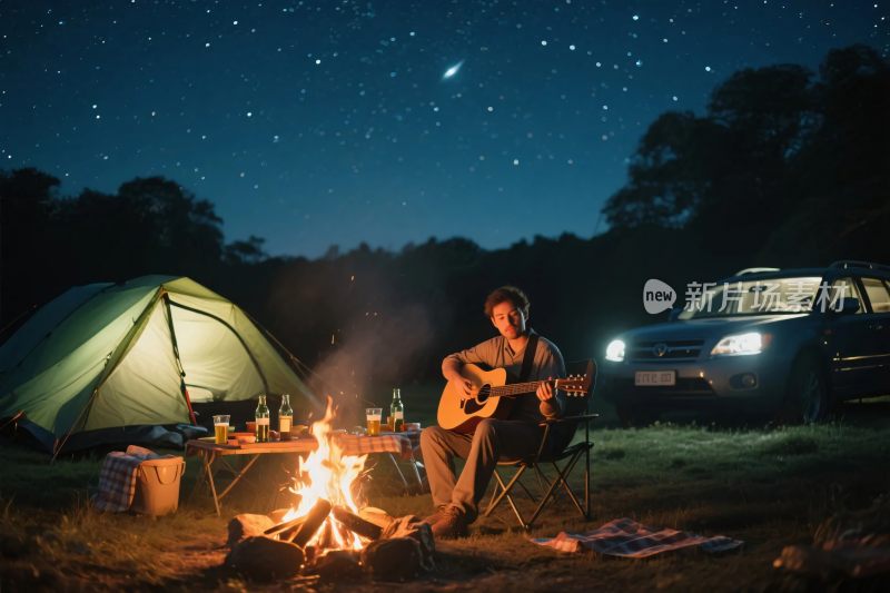 夜晚露营弹吉他的人