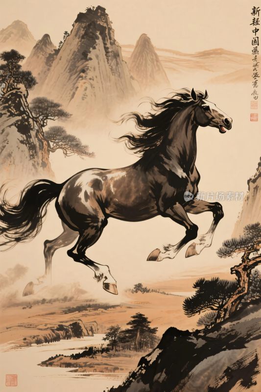 中国传统奔马山水画