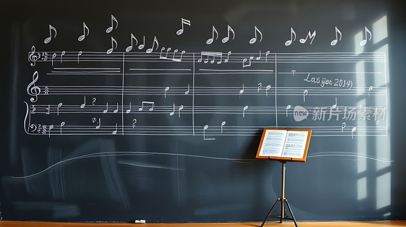 黑板上的乐谱与音乐架