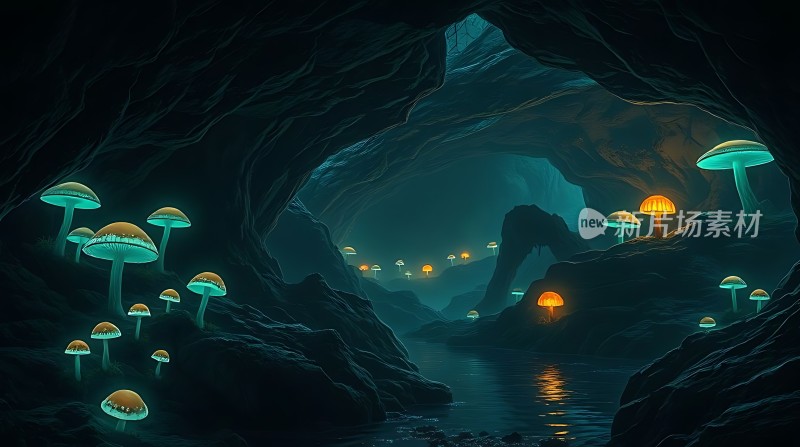 神秘洞穴中的荧光蘑菇