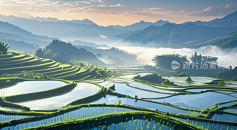 梯田云雾山水风光自然景观摄影图