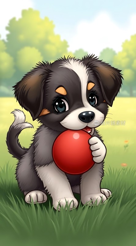 草地上的可爱小狗与红色球