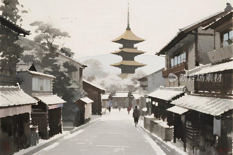 古街古寺风景插画