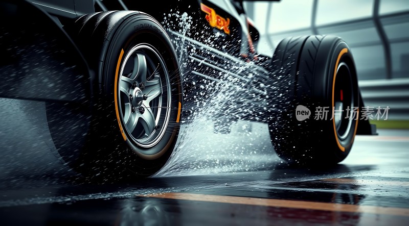 湿滑路面上的赛车疾驰而过轮胎溅起水花四溅