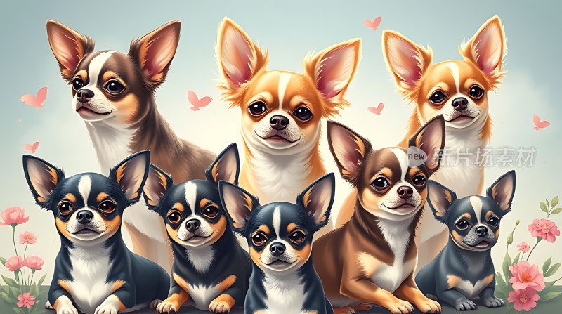 七只可爱小狗温馨合影