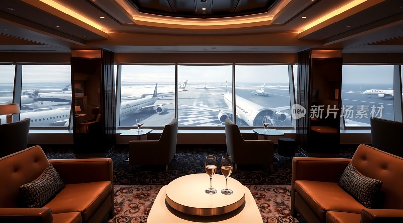 机场贵宾休息室豪华内饰与窗外飞机尽收眼底