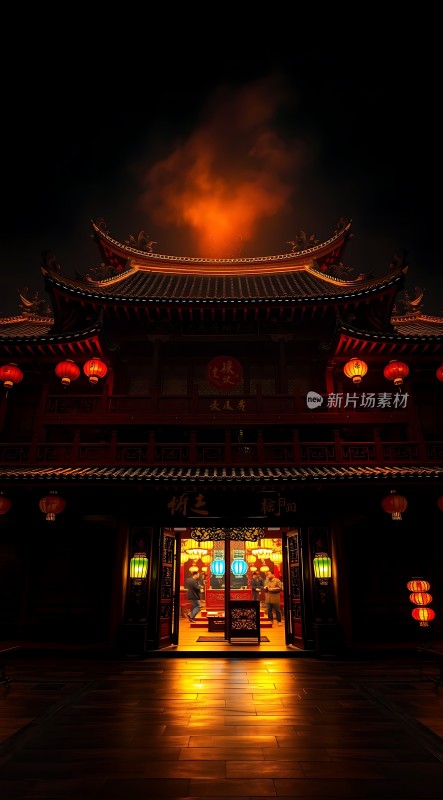 古色古香建筑夜景灯笼高挂屋檐翘起门内灯火通明