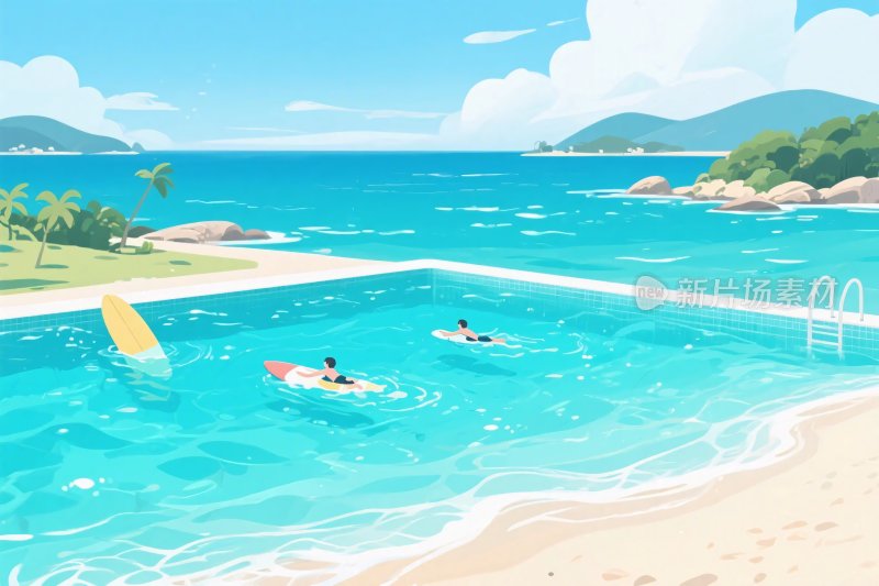 夏日海边泳池休闲场景