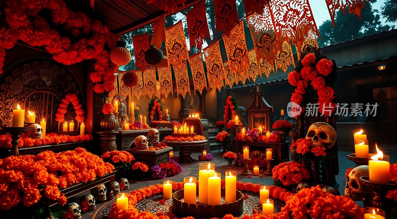 万圣节祭坛蜡烛、骷髅与花环