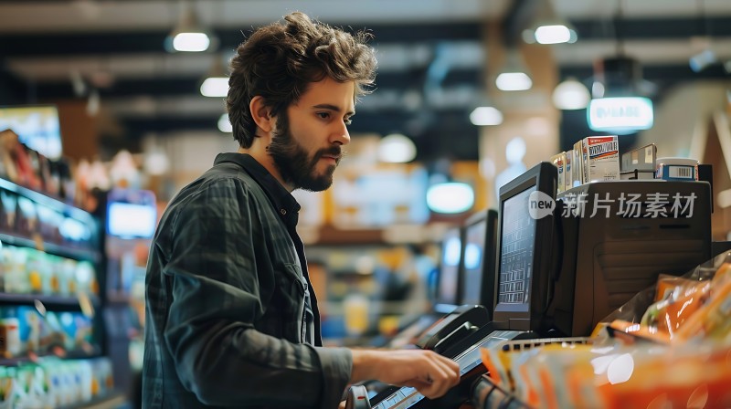 新片场素材 男子在超市结账