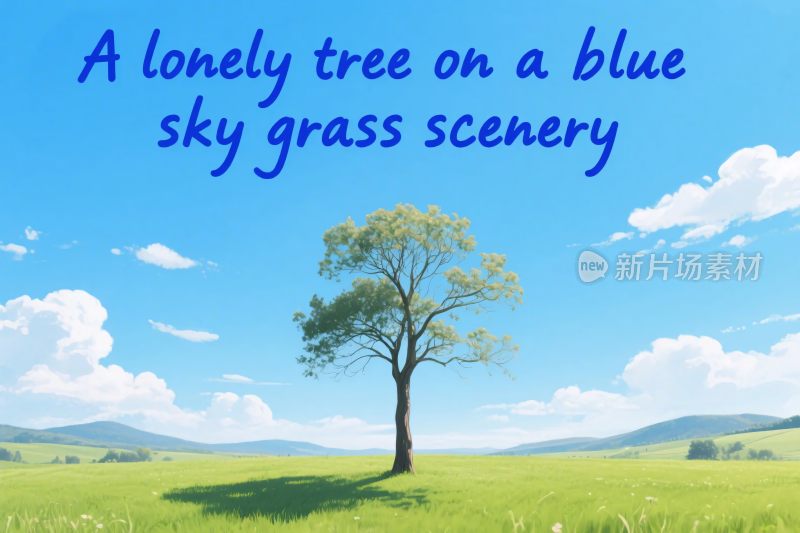 蓝天空草地中的孤独树