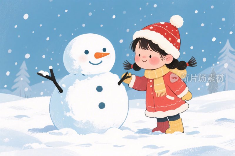 小女孩堆雪人