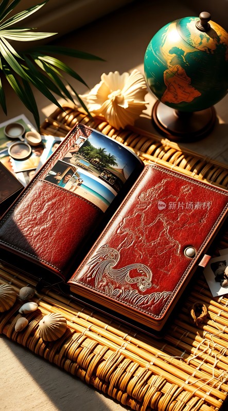 旅行回忆集锦红色皮革相册里的美好时光
