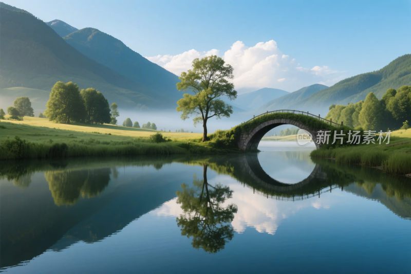 山水古桥风景插画