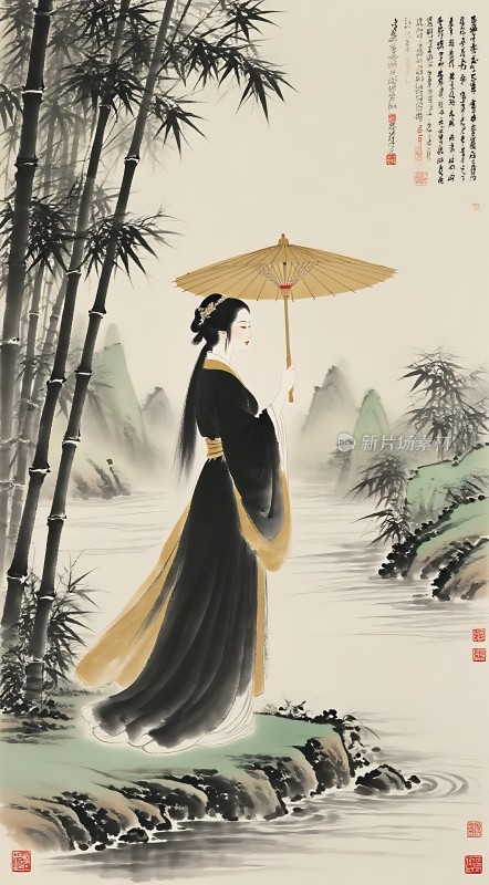 竹影伞下佳人立