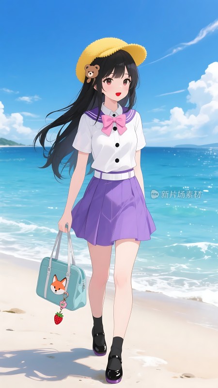 夏日海滩上的可爱少女