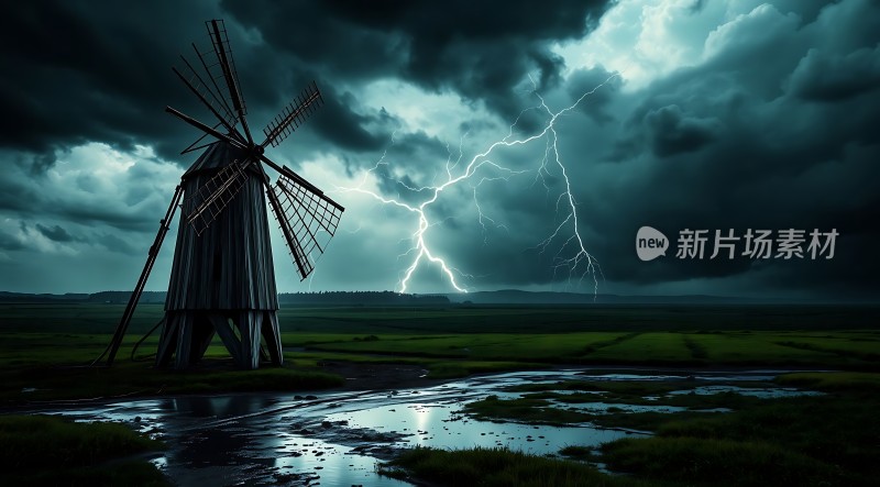 风车下的闪电风暴