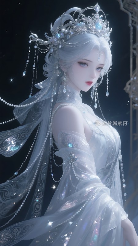 冰霜女神银发蓝眼晶莹头冠华丽长袍