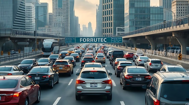 城市交通高峰期车流如织高楼耸立