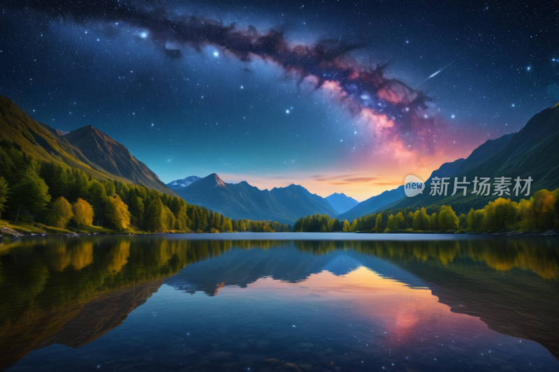 山湖上的星空夜空有倒影高清图片