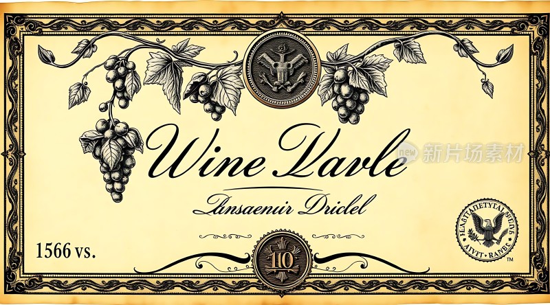 美酒佳酿葡萄藤蔓环绕优雅字体显眼年份标识显赫