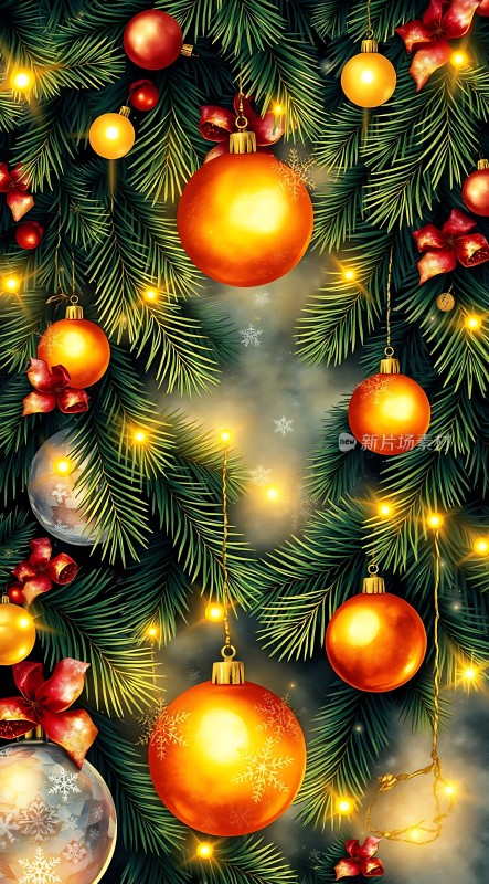 圣诞树上的金色装饰球和红色蝴蝶结