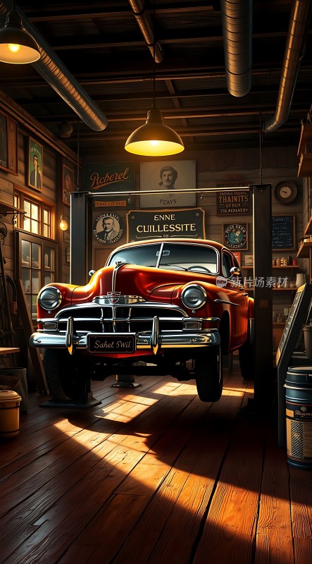 复古车库里的经典红色轿车