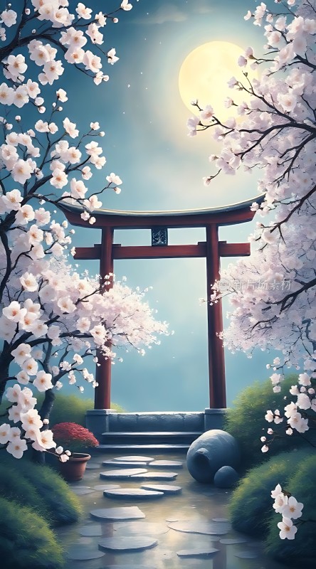 春夜月下樱花道