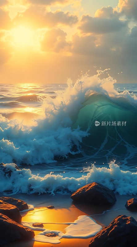 日落时分的海浪与岩石