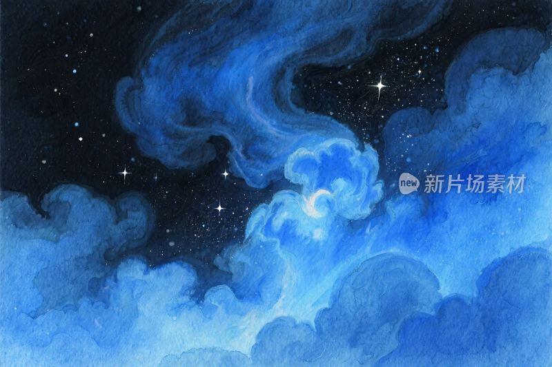 星空云朵水彩插画