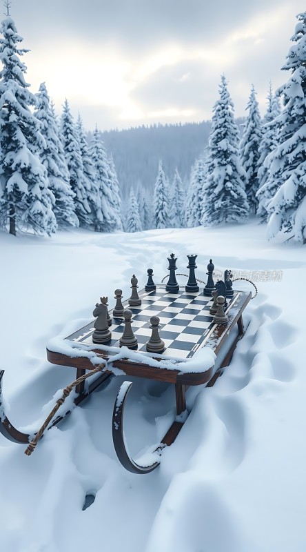 雪地中棋局对弈宁静而神秘