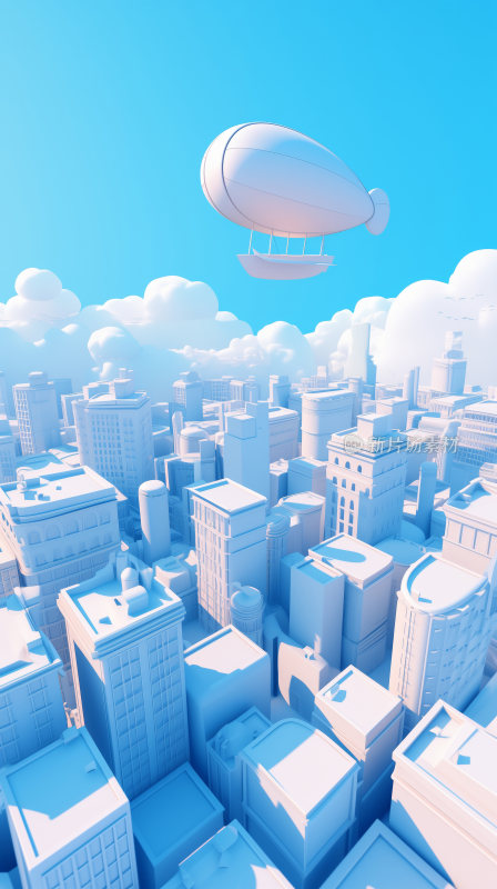 3d立体卡通风格的飞艇飞行在城市建筑上空